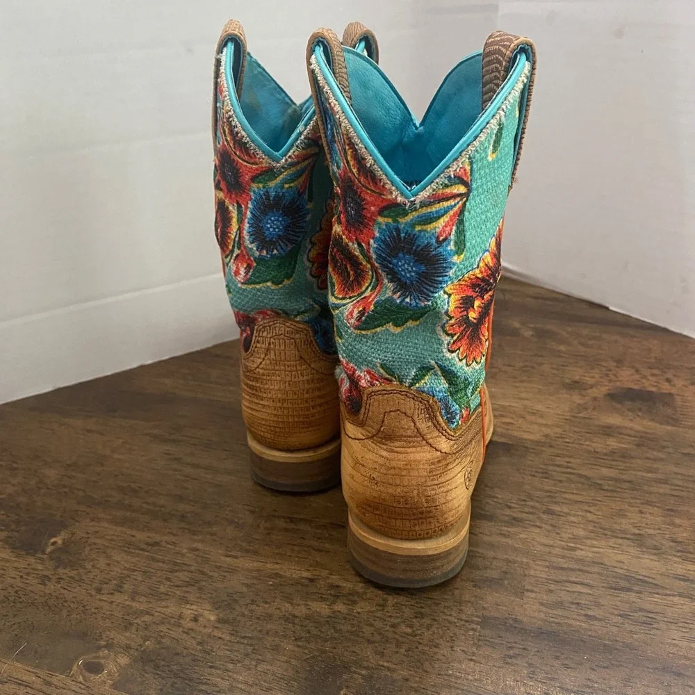 Ariat Kids Floral Western Boots Tan Leather Square Toe 10023078 Size 12.5